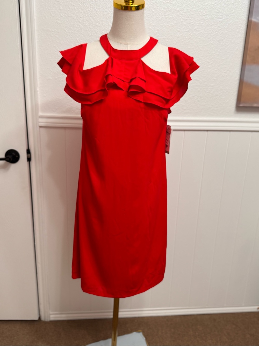 Neiman Marcus Red Ruffle-Trim Shift Dress